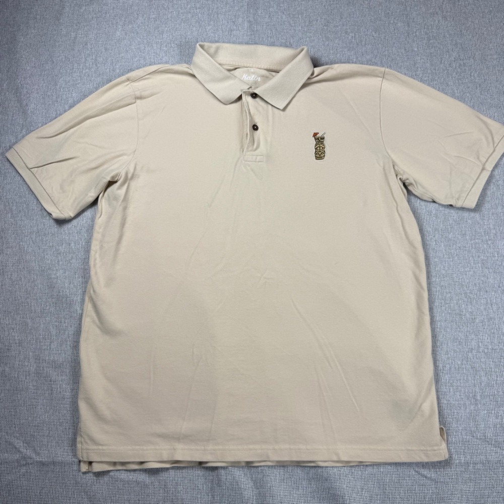Katin Mens Tiki Drink Embroidered Polo Shirt Tan Beige Cotton Pique Size Large